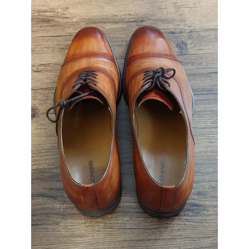 Magnanni Men’s Cap Toe 12M Tan Brown Burnished Leather Dress Shoes